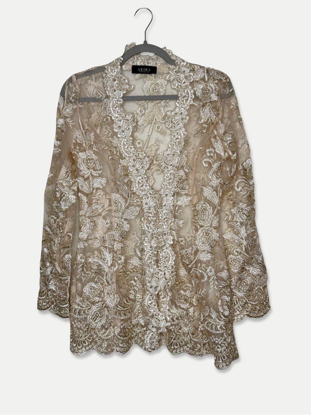 AKIRA Women’s S Gold Floral Embroidered Sheer Mesh Lace Duster Jacket